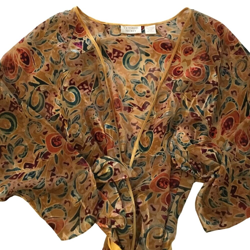 VTG Gold Label Victoria's Secret Woman Abstract Kimono Robe Satin Belt Swim S/P - Picture 3 of 13